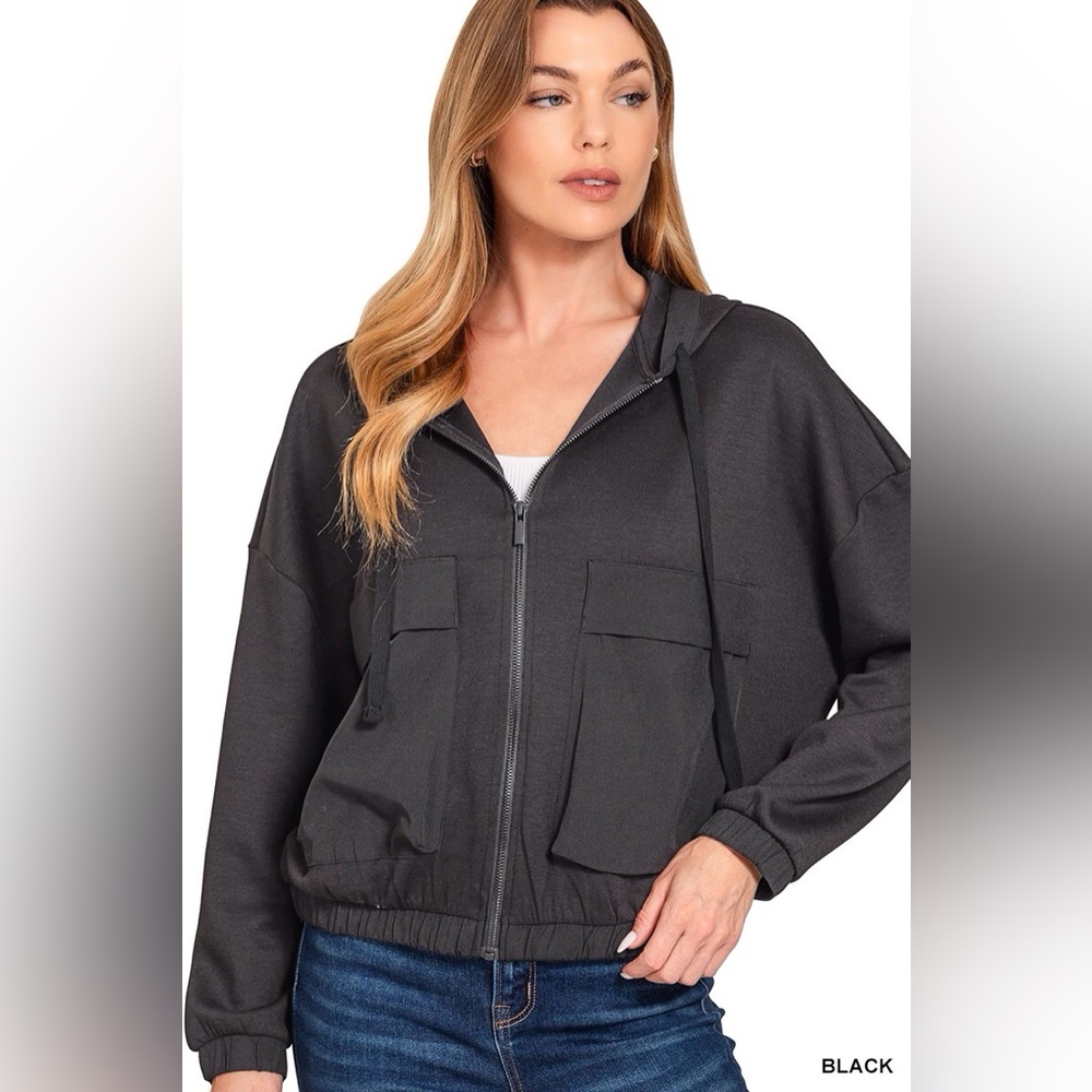 ZENANA NWT Jacket Black Scuba Hoodie Zip Front Size Small - Large - Picture 1 of 1